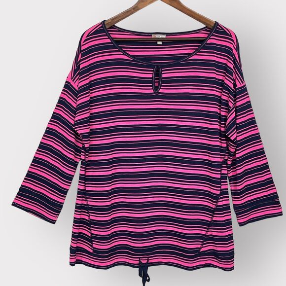 Talbots Shirt Top Women L‎ Pink/Blue Striped 3/4 Sleeve Front Keyhole Round Neck - Picture 1 of 13